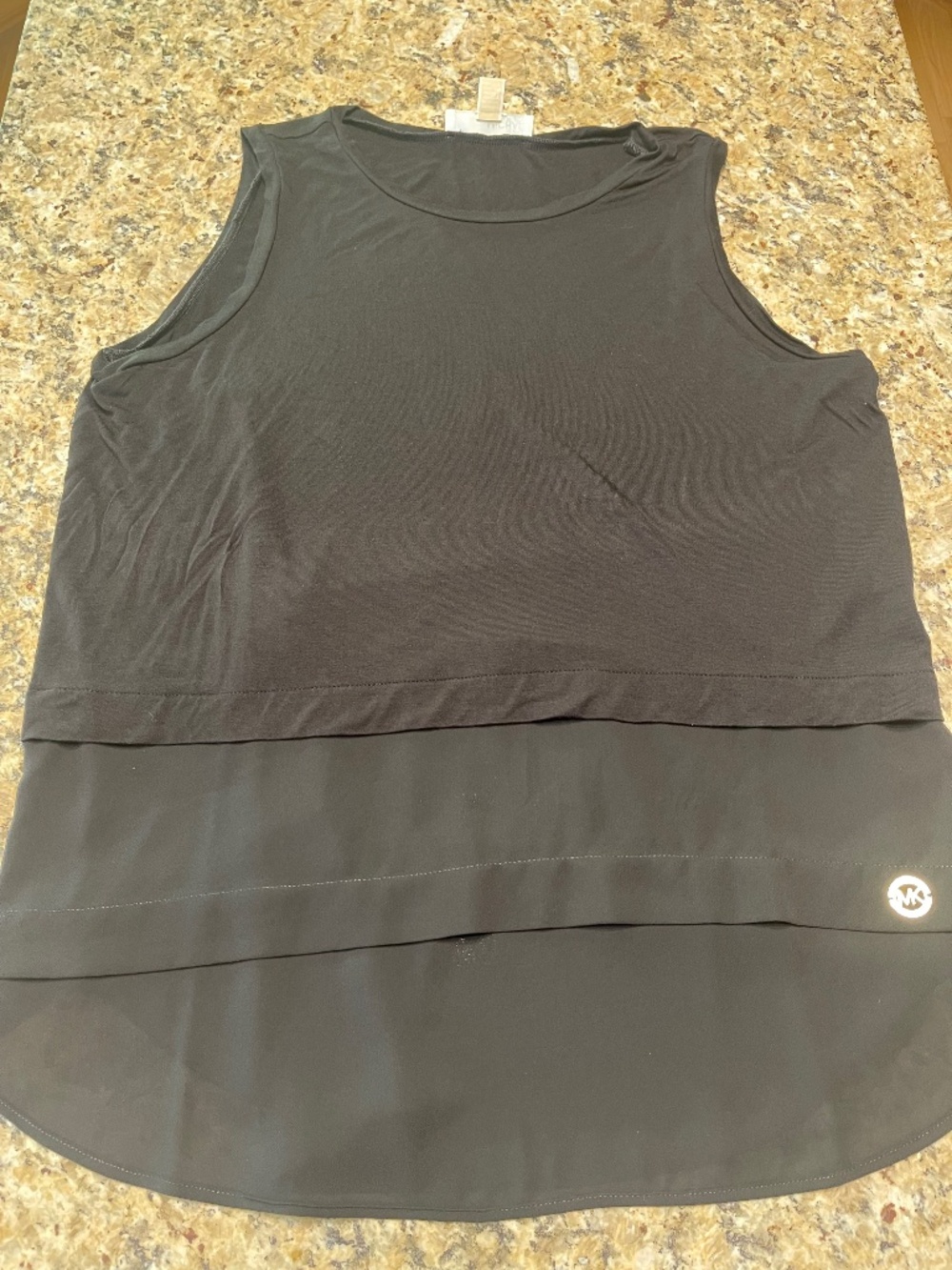 MICHAEL Kors Black Sleeveless Tiered Hi-Lo Top MK Logo Large Mixed Media